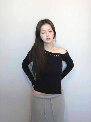 Beaded Slash Neckline Cozy Fit Long Sleeve T-shirt