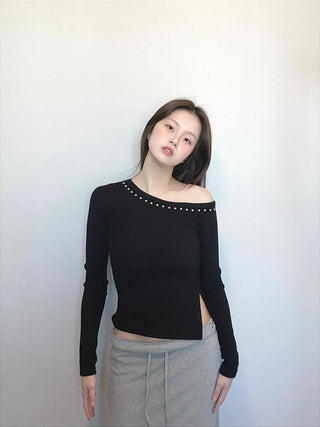 Beaded Slash Neckline Cozy Fit Long Sleeve T-shirt