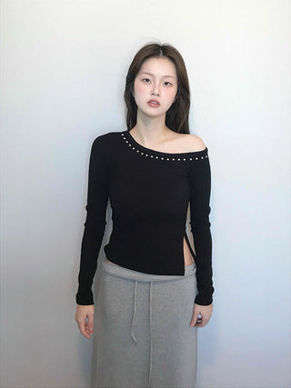 Beaded Slash Neckline Cozy Fit Long Sleeve T-shirt