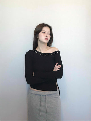 Beaded Slash Neckline Cozy Fit Long Sleeve T-shirt
