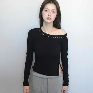 Beaded Slash Neckline Cozy Fit Long Sleeve T-shirt