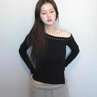 Beaded Slash Neckline Cozy Fit Long Sleeve T-shirt
