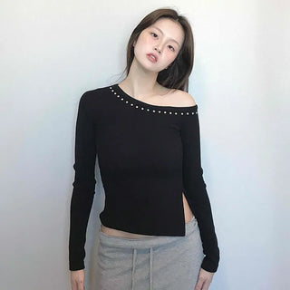 Beaded Slash Neckline Cozy Fit Long Sleeve T-shirt