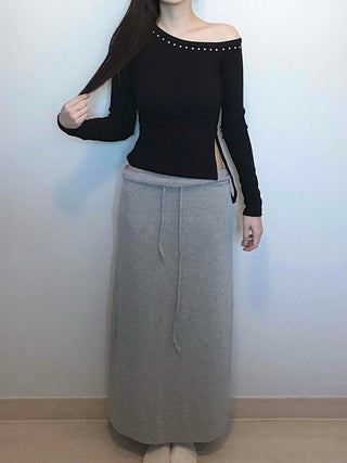 Beaded Slash Neckline Cozy Fit Long Sleeve T-shirt