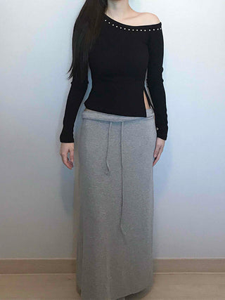Beaded Slash Neckline Cozy Fit Long Sleeve T-shirt