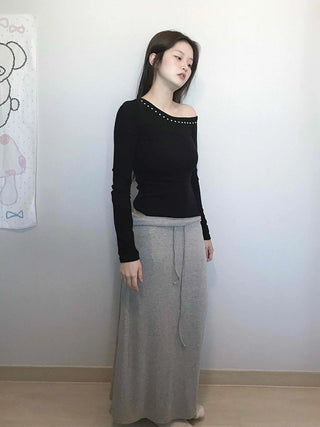 Beaded Slash Neckline Cozy Fit Long Sleeve T-shirt