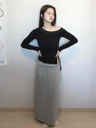 Beaded Slash Neckline Cozy Fit Long Sleeve T-shirt