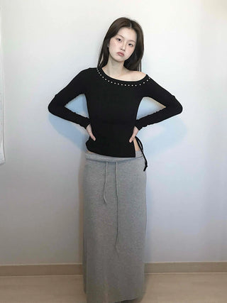 Beaded Slash Neckline Cozy Fit Long Sleeve T-shirt