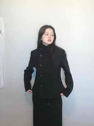 Stand collar single-button cropped wool coat