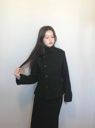 Stand collar single-button cropped wool coat