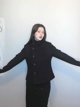 Stand collar single-button cropped wool coat
