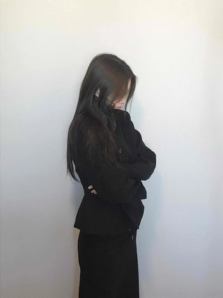 Stand collar single-button cropped wool coat