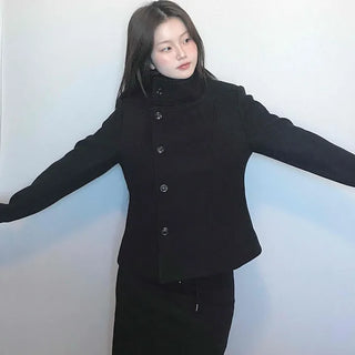 Stand collar single-button cropped wool coat