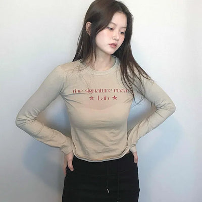 Signature Lettering Embroidered Slim Fit Round Long Sleeve Tee