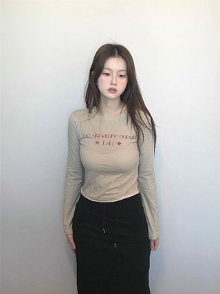 Signature Lettering Embroidered Slim Fit Round Long Sleeve Tee