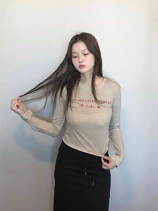 Signature Lettering Embroidered Slim Fit Round Long Sleeve Tee