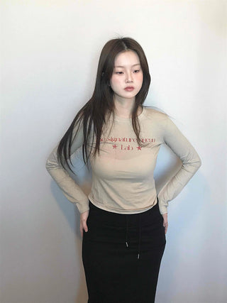 Signature Lettering Embroidered Slim Fit Round Long Sleeve Tee