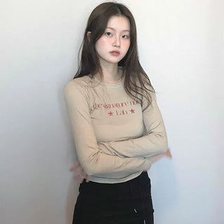 Signature Lettering Embroidered Slim Fit Round Long Sleeve Tee