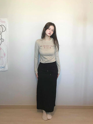 Signature Lettering Embroidered Slim Fit Round Long Sleeve Tee