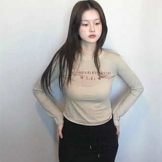 Signature Lettering Embroidered Slim Fit Round Long Sleeve Tee