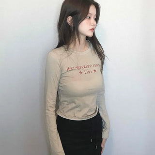 Signature Lettering Embroidered Slim Fit Round Long Sleeve Tee