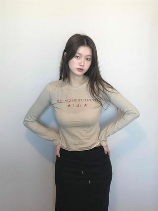 Signature Lettering Embroidered Slim Fit Round Long Sleeve Tee