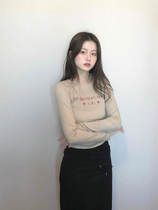Signature Lettering Embroidered Slim Fit Round Long Sleeve Tee