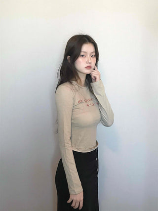Signature Lettering Embroidered Slim Fit Round Long Sleeve Tee