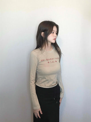 Signature Lettering Embroidered Slim Fit Round Long Sleeve Tee