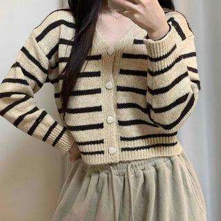 Striped Crop Button Knit Cardigan