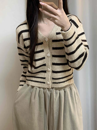 Striped Crop Button Knit Cardigan