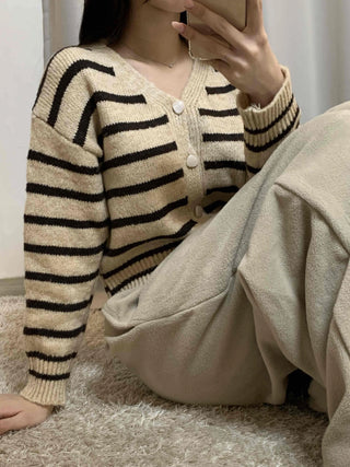Striped Crop Button Knit Cardigan
