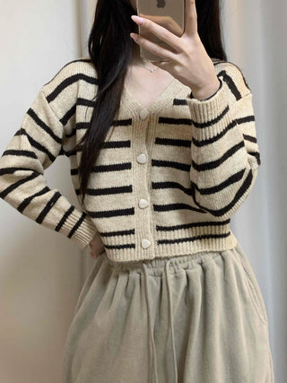 Striped Crop Button Knit Cardigan