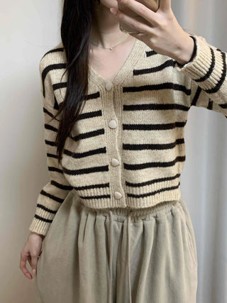 Striped Crop Button Knit Cardigan