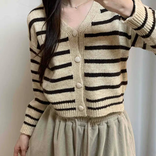Striped Crop Button Knit Cardigan
