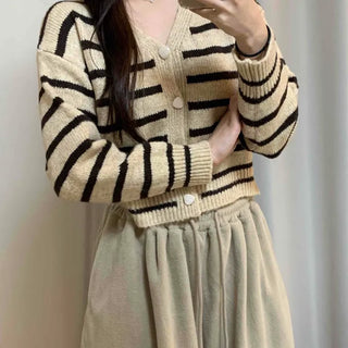 Striped Crop Button Knit Cardigan