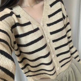 Striped Crop Button Knit Cardigan