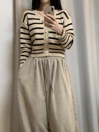 Striped Crop Button Knit Cardigan
