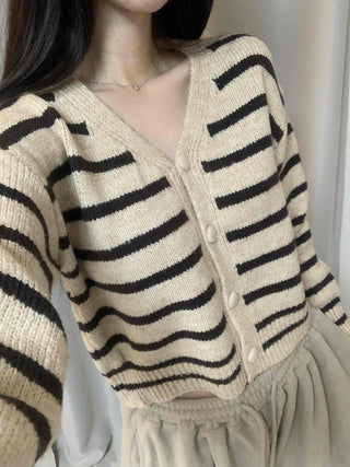 Striped Crop Button Knit Cardigan