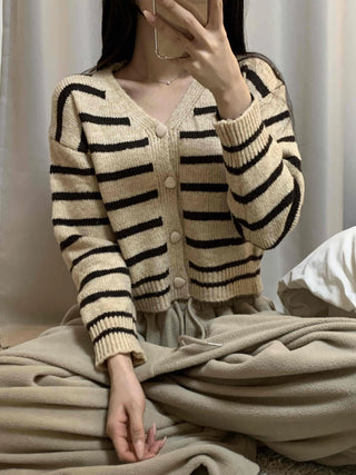 Striped Crop Button Knit Cardigan