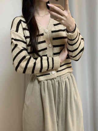 Striped Crop Button Knit Cardigan
