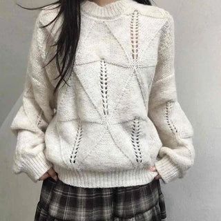 Punched Openwork Loose Fit Round Neck Knit