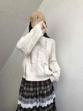 Punched Openwork Loose Fit Round Neck Knit