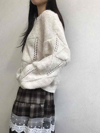 Punched Openwork Loose Fit Round Neck Knit