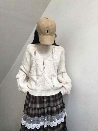 Punched Openwork Loose Fit Round Neck Knit