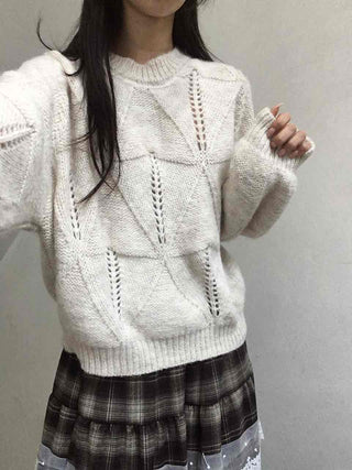 Punched Openwork Loose Fit Round Neck Knit