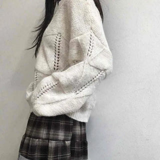 Punched Openwork Loose Fit Round Neck Knit