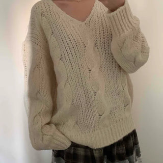 Cable Knit Loose Fit Wool V-Neck Knit