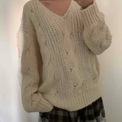 Cable Knit Loose Fit Wool V-Neck Knit