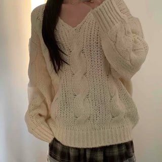 Cable Knit Loose Fit Wool V-Neck Knit